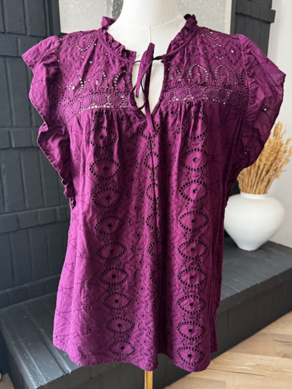 LOFT Eyelet Flutter Sleeve Blouse, Size Large *EPOC - Picture 2 of 5